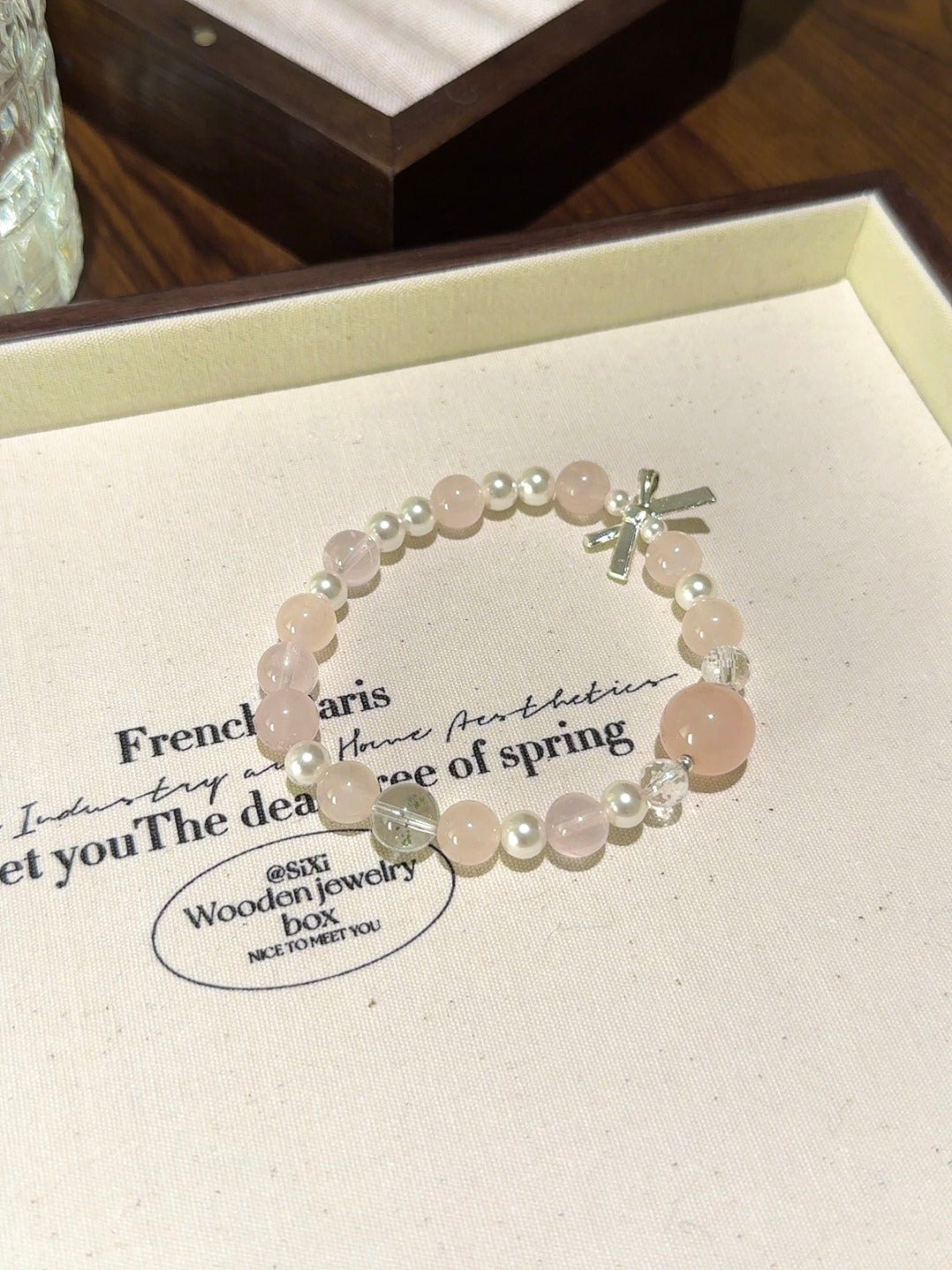 ▫️▪️ Pink crystal green ghost shell bead white crystal bracelet